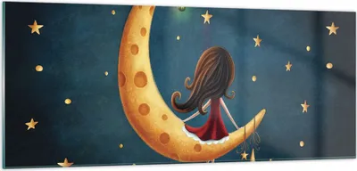 Produktbild von Bilder auf glas - Einteilig - Kinder Mädchen Mond - 100x40cm - Glasbilder - Wandbilder - Bilder - zum Aufhängen bereit - Wanddekoration aus Glas - Glas Bilder - Wandbild auf Glas - GAB100x40-4683