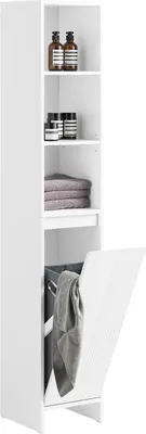 Image de Armoire de salle de bain - Armoire haute avec panier à linge - Étagères MDF réglables - Compartiments ouverts - Étroite 30×170×30 cm - Blanc
