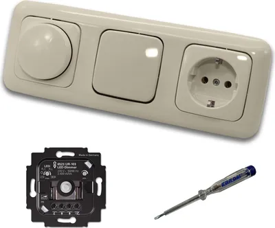 Produktbild von Busch Jäger 6523UR-103 LED Drehdimmer Dimmer + Dimmerscheibe 2115-212 + Lichtschalter 2000/6 US + Steckdose 20EUC-212 DURO2000 cremeweiß glänzend + EBROM Phasenprüfer z. Montage der Geräte 6523 UR-103