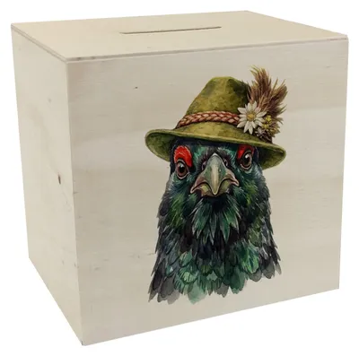 Produktbild von Auerhuhn mit alpenländischem Trachtenhut Spardose aus Holz