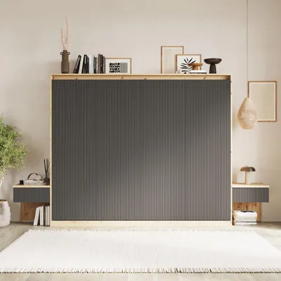 Produktbild von SMARTBett Set 160-Schrankbett Horizontal WAVES mit 2 Nachtkonsolen Wildeiche/Anthrazit WAVES