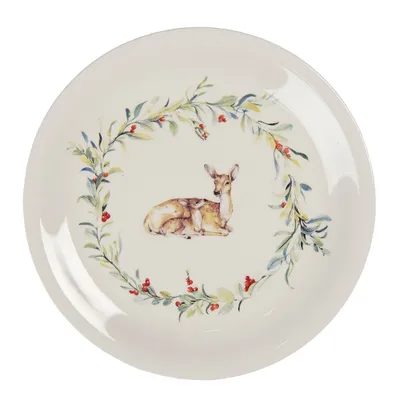 Produktbild von Clayre & Eef Speiseteller Ø 28 cm Weiß Grün Keramik Rund Hirsch