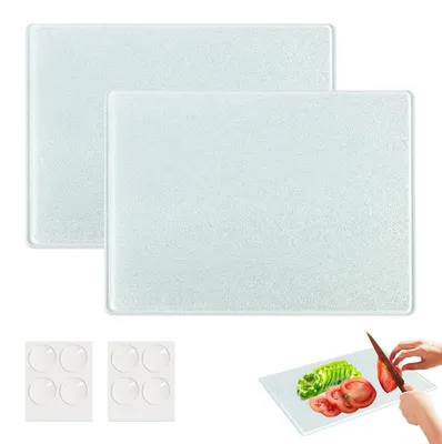 Image de Planche à découper en verre, 28 x 20 cm, résistante aux rayures, en verre de sécurité trempé avec des pieds antidérapants en silicone, planche à découper antidérapante en verre pour la cuisine