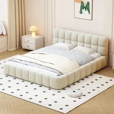 Image de Lit double - Lit - Canapé-lit - Sommier à lattes - Lit bébé - Beige, 140x190 cm - Tête de lit rembourrée douce