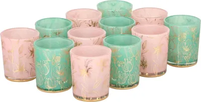 Produktbild von 12er Set Teelichthalter rosa grün Windlicht Teelichtgläser Tischdeko