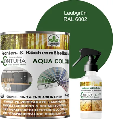 Produktbild von 750ml. + Anlauger - Contura Küchenmöbellack RAL Möbellack SEIDENMATT SET Möbelfarbe Holzlack Buntlack Küchenlack - RAL 6002 Laubgrün