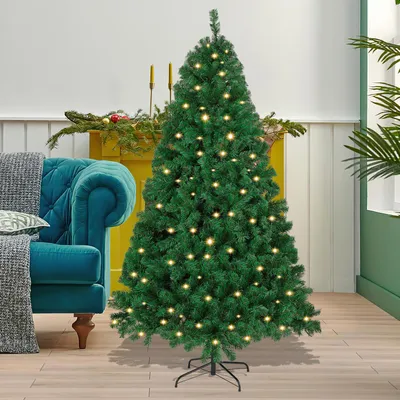 Productafbeelding van Kunstkerstboom met LED-lichtslingers, automatische takken en een metalen voet, snel op te zetten, dichte dennenboom, 120 cm