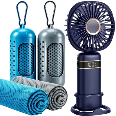 Produktbild von 4 in 1 Handventilator mit Kühlhandtuch Set, 4000mAh Akku, 5 Geschwindigkeiten, LED-Display, faltbarer USB Ventilator, 2 x Cooling Towel 100 x 30cm