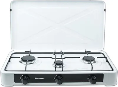 A white portable gas stove with three burners and a black control panel.