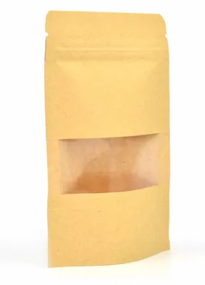 50 Standbodenbeutel Kraftpapier mit Fenster 90x140x40 mm
