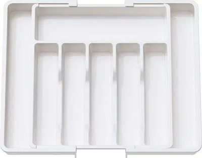 Produktbild von Ausziehbarer Besteckkasten mit 8 Fächern – Verstellbarer Besteckeinsatz für Löffel, Gabeln und Messer – Küchenschubladen-Organizer – 33,5 / 57 x 38 x 5 cm – Küchenbesteckhalter – Kunststoff – Weiß