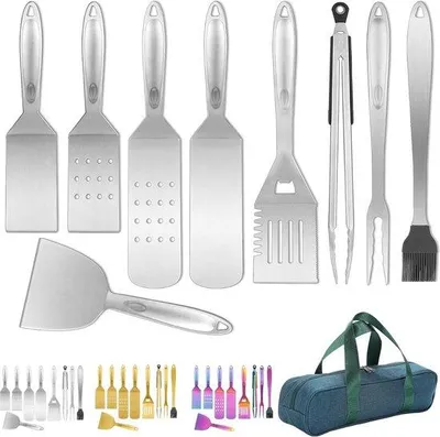 Produktbild von Famanu Grillzubehörset 9-teilig - Edelstahl mit Bakelitgriff - hitzebeständig - für BBQ und Camping