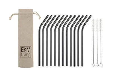 Image de EKM Living Edelstahl Strohhalme 12er Set schwarz gebogen GmbH, Trinkhalme, bruchfest, wiederverwendbar, spülmaschinengeeignet, plastikfrei (schwarz gebogen,12)