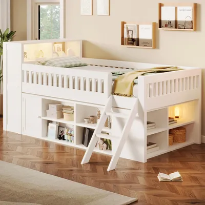 Zdjęcie produktu dla Łóżko 120x200 cm ze schowkami, otwartymi półkami, szafką z drzwiczkami i oświetleniem LED, białe