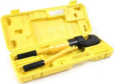 A hydraulic crimping tool and its case are shown against a white background.