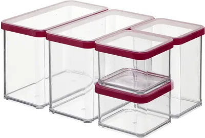 Productafbeelding van Rotho opbergboxen, set van 5 stuks met deksel, inhoud 0,5 tot 2,1 liter, transparant/rood