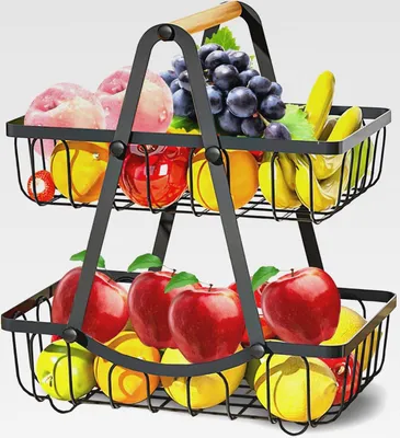 Produktbild von 2-Stöckiger Obstkorb Etagere Schwarz, Obstschale Etagere mit Holzgriff, Abnehmbar Obstkorb Halter Aufbewahrung für Obst, Gemüse, Snacks, Brot, Eckregal Stehend Aufbewahrung Küche