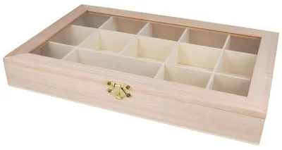 Productafbeelding van Houten opbergdoos - 30 x 19 x 4 cm - 14 vakken - Onbehandeld hout - Met acrylkunststof deksel