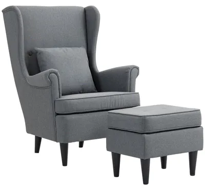 Produktbild von HOMCOM Ohrensessel mit Hocker Sessel mit Leinenoptik, Lendenkissen Grau