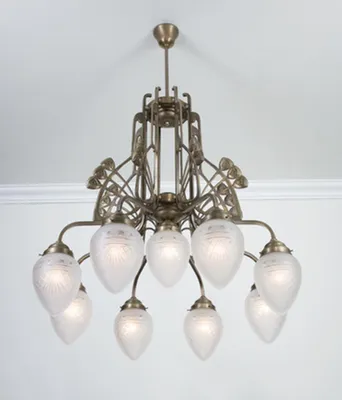Produktbild von Hängelampe Echt-Messing Glas E27 H: max. 137 cm in Berliner Messing Weiß matt Jugendstil Hängeleuchte