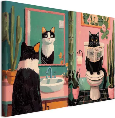 Produktbild von murando - Akustikbild XL Set Katzenmotiv Kunstdruck auf Leinwandbild 80x60cm 2 Teilig je 40x60cm Collage 2er Kunst Wandpaneele Schalldämmung Leinwand Bilder Dekoration - Deko Toilette g-H-10137-b-a
