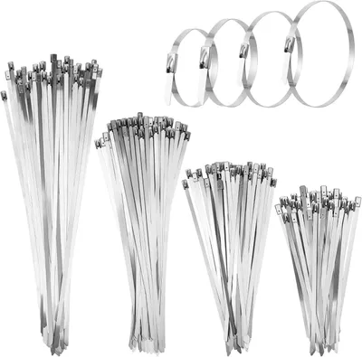 Produktbild von 200 Stück robuste Kabelbinder aus Metall, selbstverriegelnde Stahlkabelklemmen 4,6 x 300 mm, selbstverriegelnde Edelstahl-Kabelbinder für gebündelte Kabel, Zaunwartung