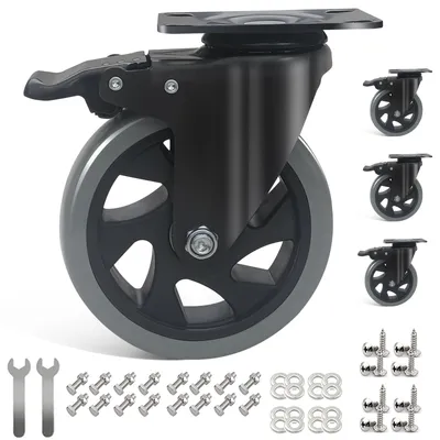 Produktbild von Möbelrollen mit Bremse, Set von 4 Stück, 125 mm, Drehrollen für schwere Lasten bis 800 kg, ideal für Trolleys und Werkbänke