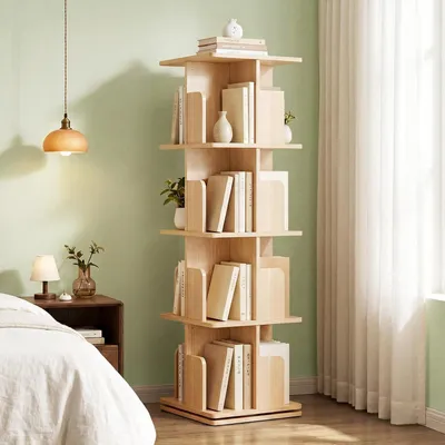 Immagine prodotto di Libreria girevole a 360°, 4 ripiani, legno naturale, 40x40x126 cm