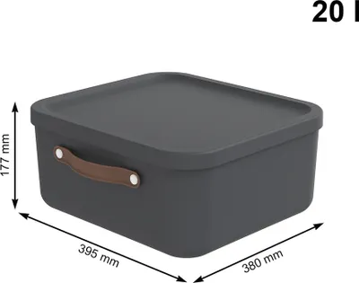 A 3D render of a gray storage box with a brown handle, showing dimensions.