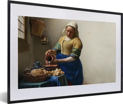 Produktbild von MuchoWow® Gerahmtes Poster Das Milchmädchen - Kunst - Alte Meister - Vermeer 60x40 cm - Poster mit Schwarzem Bilderrahmen Wandposter Rahmen Foto Bilder - Schlafzimmer - Plakat in Rahmen - Drucken