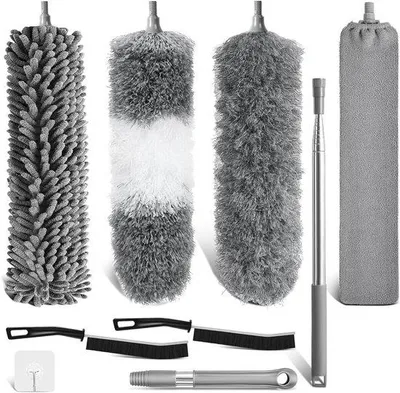 Produktbild von Ausziehbarer Staubwedel-Set – Teleskopstiel – Haushaltsreinigung – Flexibler Mikrofaser-Aufsatz – Bis zu 250 cm – Grau
