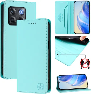 Produktbild von Lederhülle für OnePlus 10T Hülle Flip Brieftasche Kartenfächern Ständer Schutzhülle Türkis