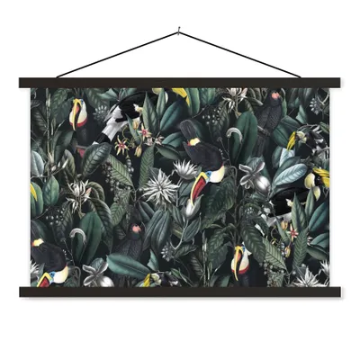 Produktbild von MuchoWow® Textilposter Blumen - Tukan - Blätter 60x40 cm mit schwarzem Rahmen - Hölzernes