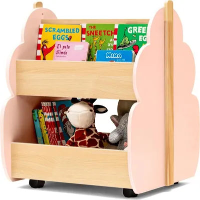 Immagine prodotto di Scaffale per libri per bambini - Scaffale per giocattoli con rotelle - 2 ripiani - Legno - 52 x 46 x 62,5 cm - Rosa