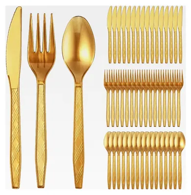 Produktbild von Wiederverwendbares Besteckset 120 Stück für Partys mit Gabeln, Messern und Löffeln in Gold