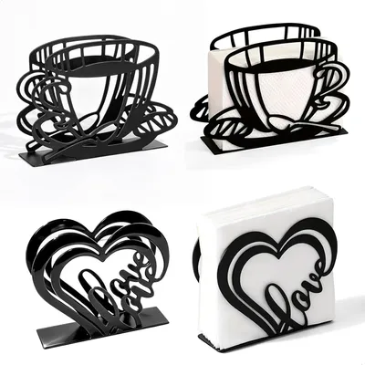 Produktbild von Schwarze Serviettenhalter im 4er-Set aus Metall mit Herz- und Kaffeetassenform