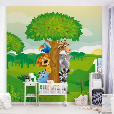 Produktbild von Fototapete Wald - Vliestapete - Bildtapete UV-beständig Elefant bunt Illustration Wandtapete geruchsfrei
