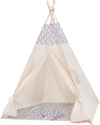 Productafbeelding van SPRINGOS Kinderteepee, kindertent, grondzeil, kussen, katoen, 160x120x100 cm, kinderspeeltent