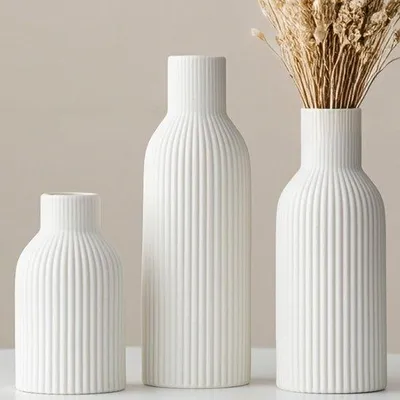Immagine prodotto di Set di vasi in Vetroceramica, 3 pezzi, con motivo a coste, colori pastello, decorazione bianca