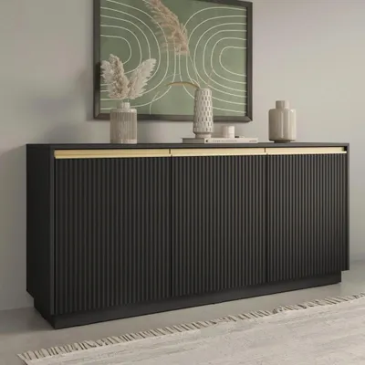 Produktbild von Kommode Loren 154 cm in Schwarz mit Gerillten Fronten und Goldfarbenen Griffen