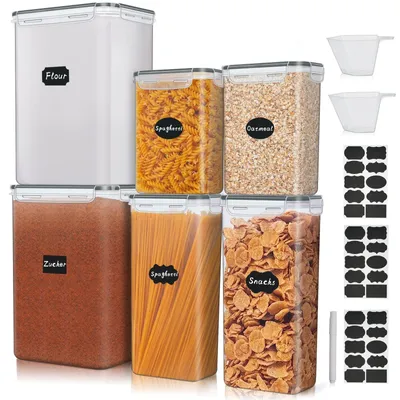 Produktbild von Vorratsbehälter Set von 6 - Luftdicht - BPA-frei - Mehlbehälter mit Messbecher - Lebensmittelaufbewahrung - Etiketten