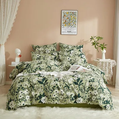 Obrázok produktu pre Sada posteľnej bielizne 135x200 cm, tmavozelená, s kvetinovým vzorom, vyrobená z bavlny, 2-dielna (zahŕňa prikrývku a vankúšový obliečka 80x80 cm)