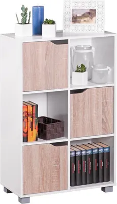 Produktbild von Dizajnová knižnica  moderné drevo biele s dvierkami dub sonoma stojace oddelené 6 priečinkov 60 x 90 x 30 cm | Wohnling