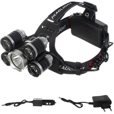 A black LED headlamp with multiple lights and its accessories (car charger and wall charger) are displayed against a white background.