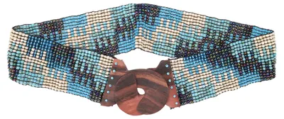 Produktbild von Boho Taillengürtel, Elastischer Gürtel mit Perlenmuster, Breiter Perlengürtel mit Holzschnalle - Hellblau/Mosaik, Uni, Glasperlen,Holz, 70*6 cm, Gürtel