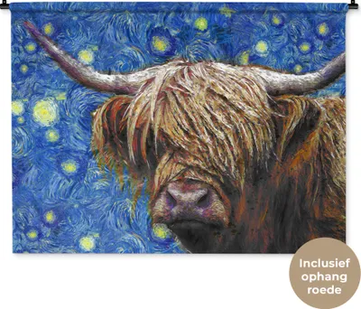 Produktbild von MuchoWow® Wandteppich Wandbehang Van Gogh - Schottisches Hochlandrind - Sternennacht 150x112 cm Tapisserie Dekoration Wandtuch - Wanddecke - Wandteppiche