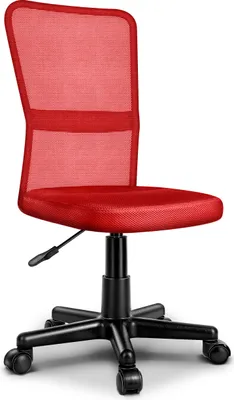 A red office chair with a black base and wheels, shown from a side angle against a white background.