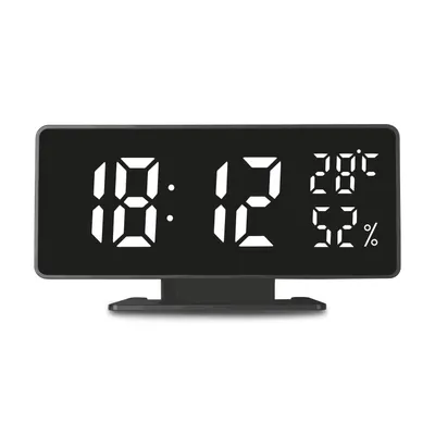 A digital clock displaying the time, temperature, and humidity.