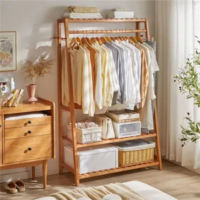 Image de Portant à vêtements bambou - Portant et étagère à chaussures - 43,5 x 80 x 165 cm - Naturel