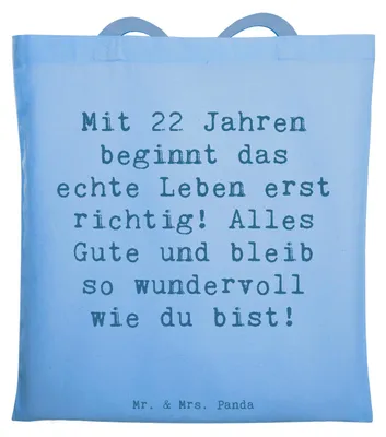 Produktbild von Mr. & Mrs. Panda Jutebeutel Spruch 22. Geburtstag - Sky Blue - Geschenk, Geburtstagsgeschenk, Tote Bag, Laptoptasche, Inspiration, Tasche, unvergesslich, Shopping